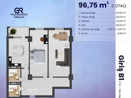 Gold Residence kompleksində 2 otaqlı yeni tikili mənzil satılır, 97 m², 115 000 AZN, şəkil 4 / 7