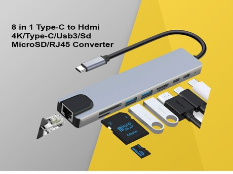 Konverter 8 in 1 Type-C to Hdmi 4K/Type-C/Usb3/Sd-MicroSD/RJ45 Konverter 8 in 1 Type-C to Hdmi 4K/Type-C/Usb3/Sd-MicroSD/RJ45