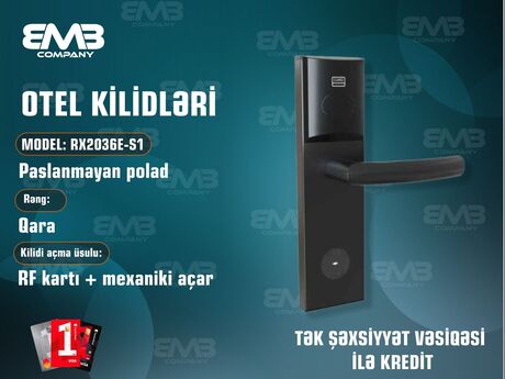 Otel Kilidi RX2036E-S1 – Kartlı RFID Hotel Qapı Kilidi (Paslanmayan Polad, Qara)