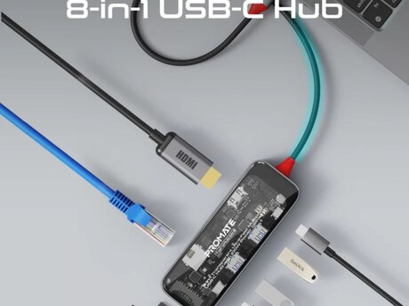 (Çevirici) Promate 8-in-1 Transparent Ultra-Fast Multiport USB-C Hub TransHub-Mini (Çevirici) Promate 8-in-1 Transparent Ultra-Fast Multiport USB-C Hub TransHub-Mini