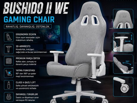 2E GAMING Chair BUSHIDO II WE, fabric, 3D-Armrests, light grey