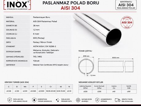 Nerj boru Diametr 38 mm/qalinliq 1.2 mm