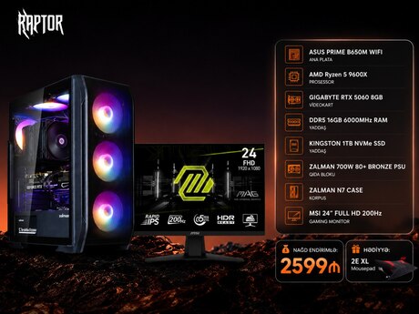 Raptor Gaming PC | Ryzen 5 9600X | RTX 5060 8GB | 16GB DDR5 | 1TB NVMe | MSI 24" 200Hz