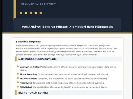 Daşınmaz əmlak agenti/ makler tələb olunur