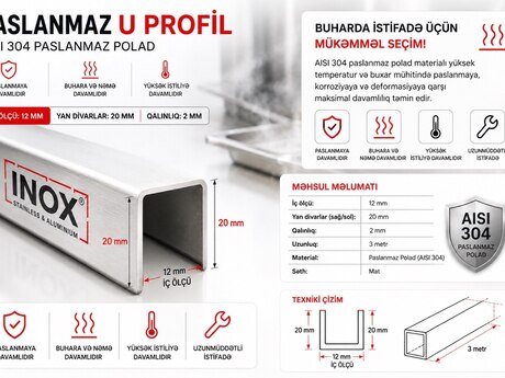 PASLANMAZ U PROFİL 20/20/12/2mm