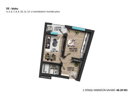 West Town kompleksində 1 otaqlı yeni tikili mənzil satılır, 48,4 m², 86 500 AZN, şəkil 4 / 10