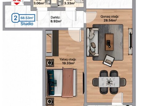 2-room new-build apartment for sale in Abşeron, 69 m², 100 000 AZN, photo 2 / 12