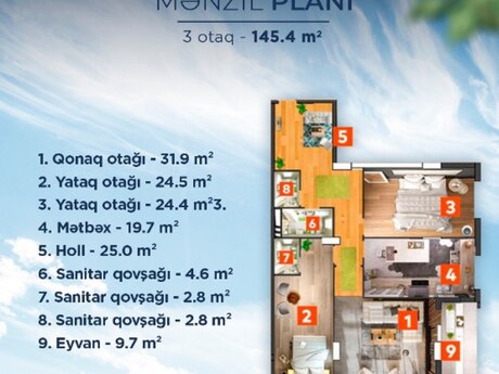 Pilot Həyat Residence kompleksində 3 otaqlı yeni tikili mənzil satılır, 145 m², 440 000 AZN, şəkil 4 / 8
