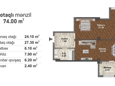 Bakı Müasir Yaşayış Kompleksi kompleksində 2 otaqlı yeni tikili mənzil satılır, 74 m², 89 000 AZN, şəkil 5 / 12