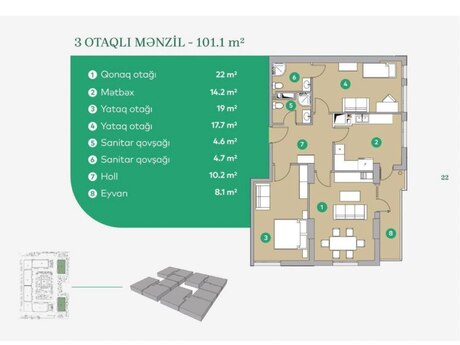 7-ci mikrorayonda 3 otaqlı yeni tikili mənzil satılır, 105 m², 225 000 AZN, şəkil 2 / 6