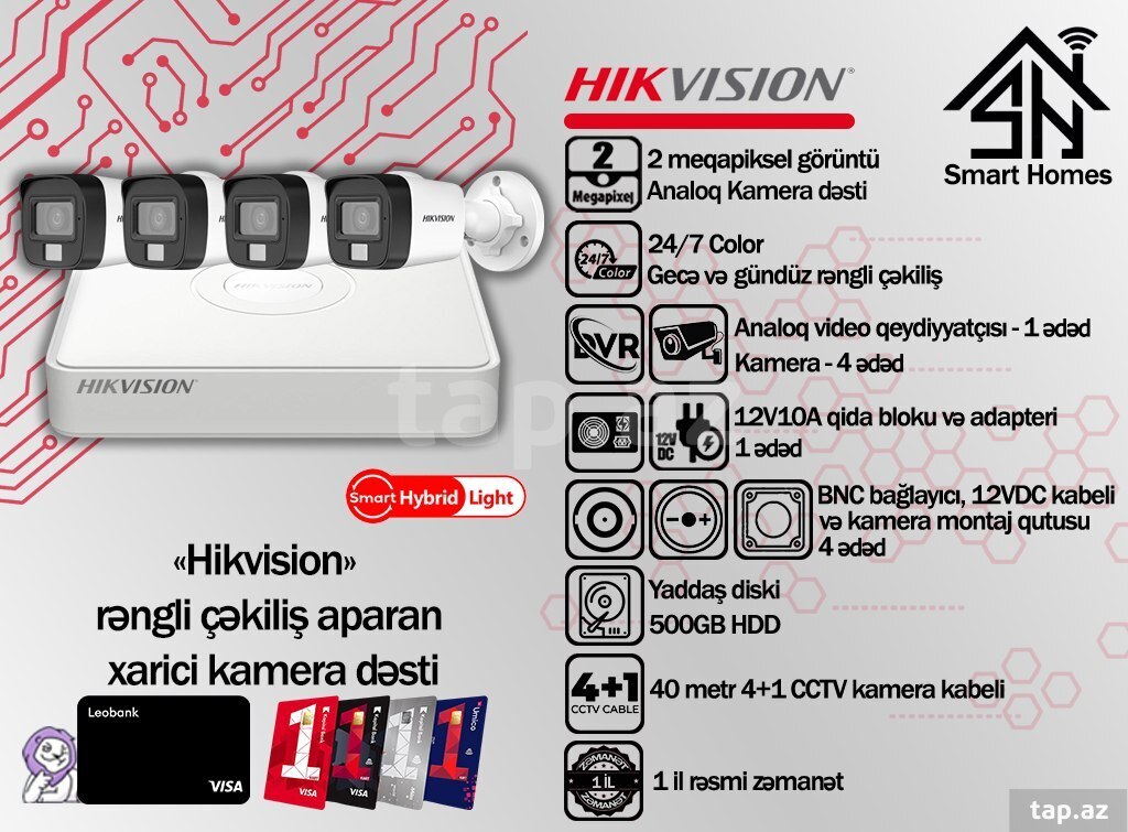 "Hikvision" gecə rəngli çəkiliş aparan dördlü kamera dəsti
