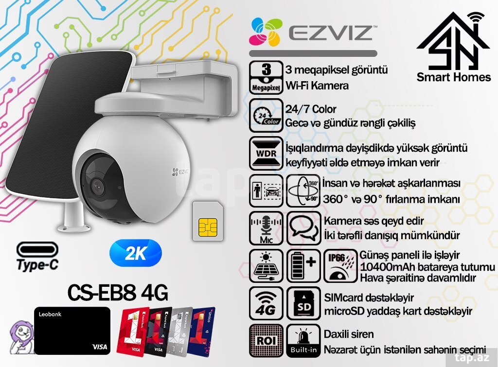 "EZVİZ CS-EB8" 4G wi-fi kamera 360 solar panel