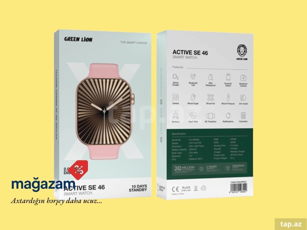 "Green Lion Active se 46 pink" smart qol saatı
