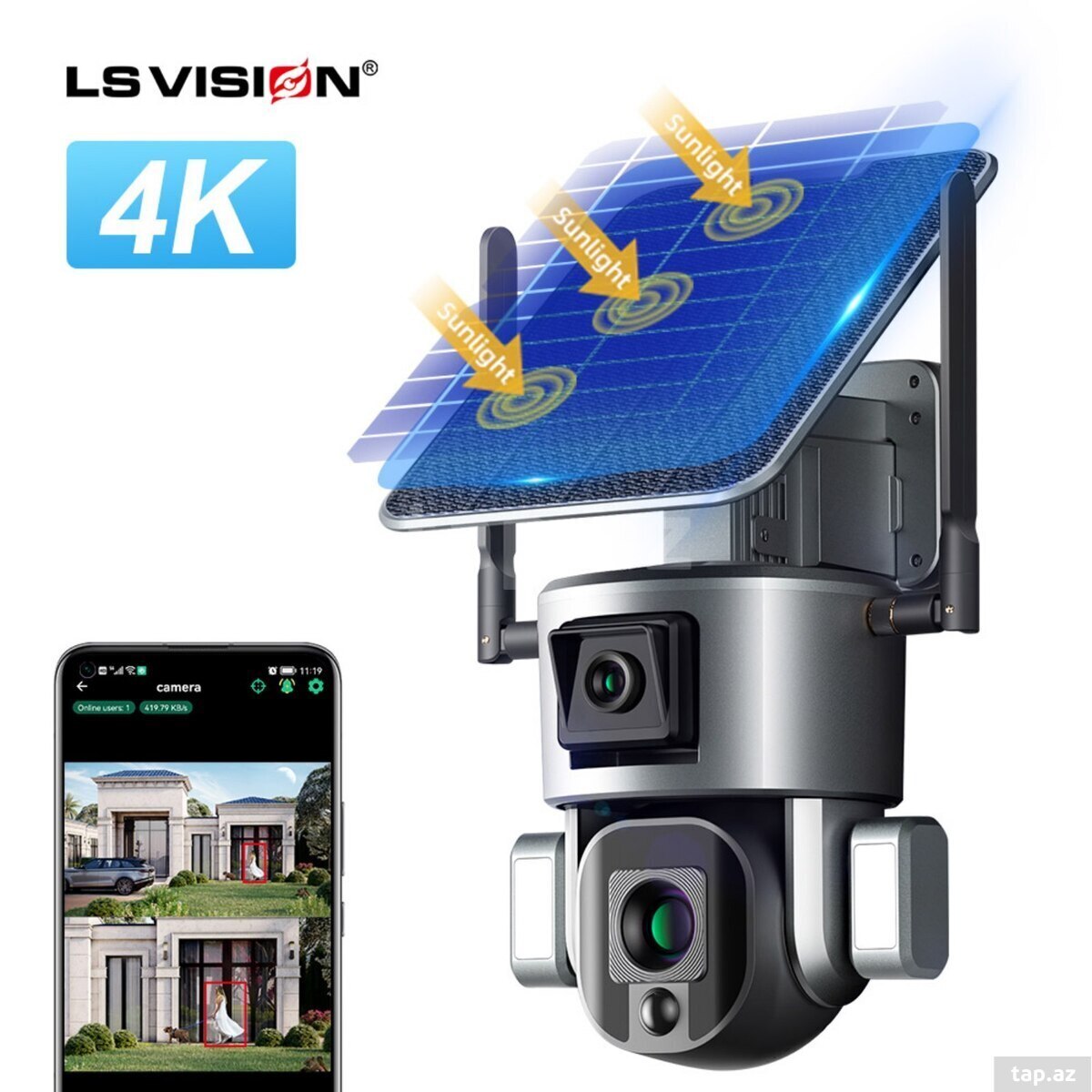 4G tam simsiz solar PTZ360° 2 kamera 12MP/4K+64GB