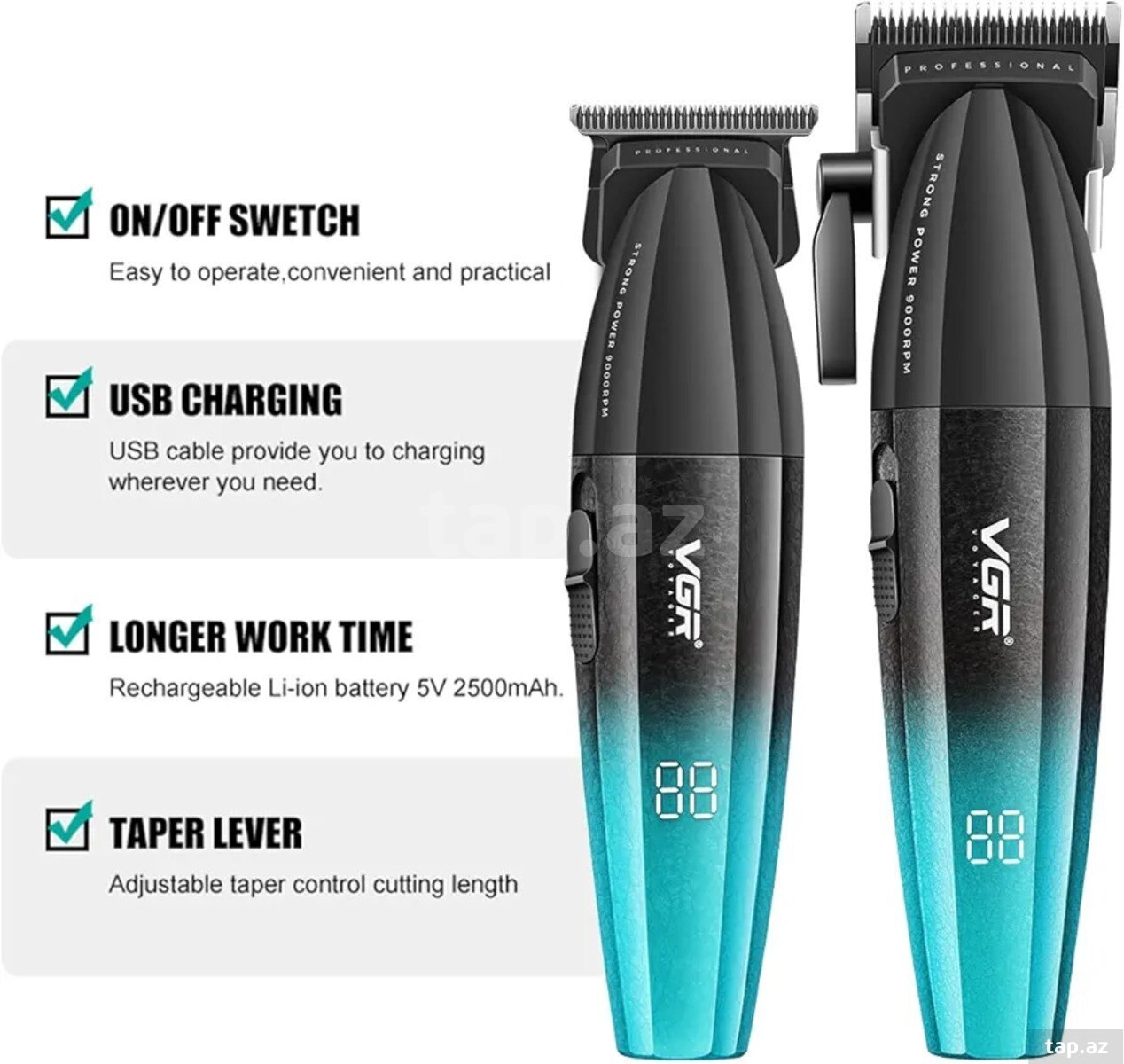Professional təraş aparatı dəsti VGR 640 2500MAH 9000RPM Ceramic Blades Cord/Cordless (11)