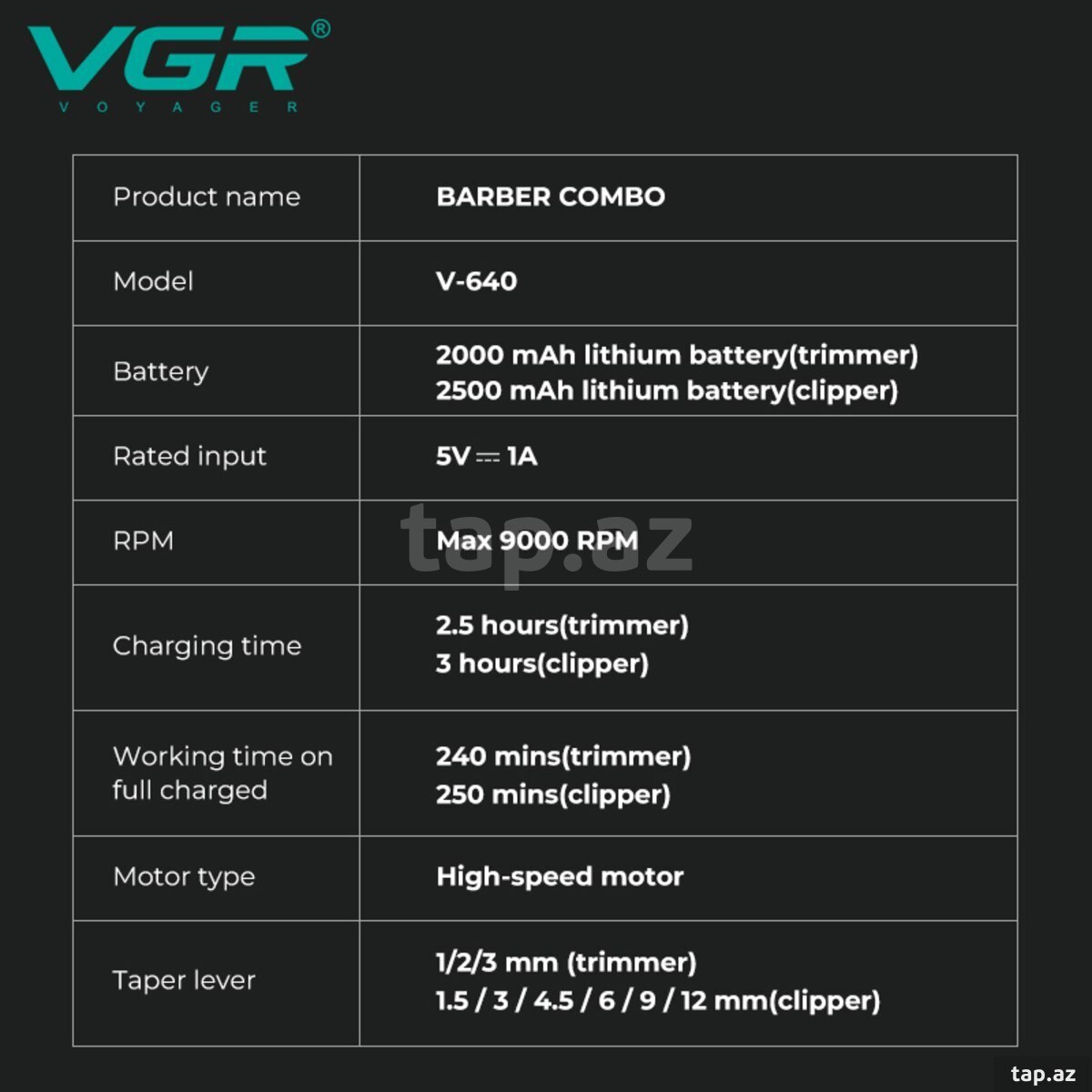 Professional təraş aparatı dəsti VGR 640 2500MAH 9000RPM Ceramic Blades Cord/Cordless (25)
