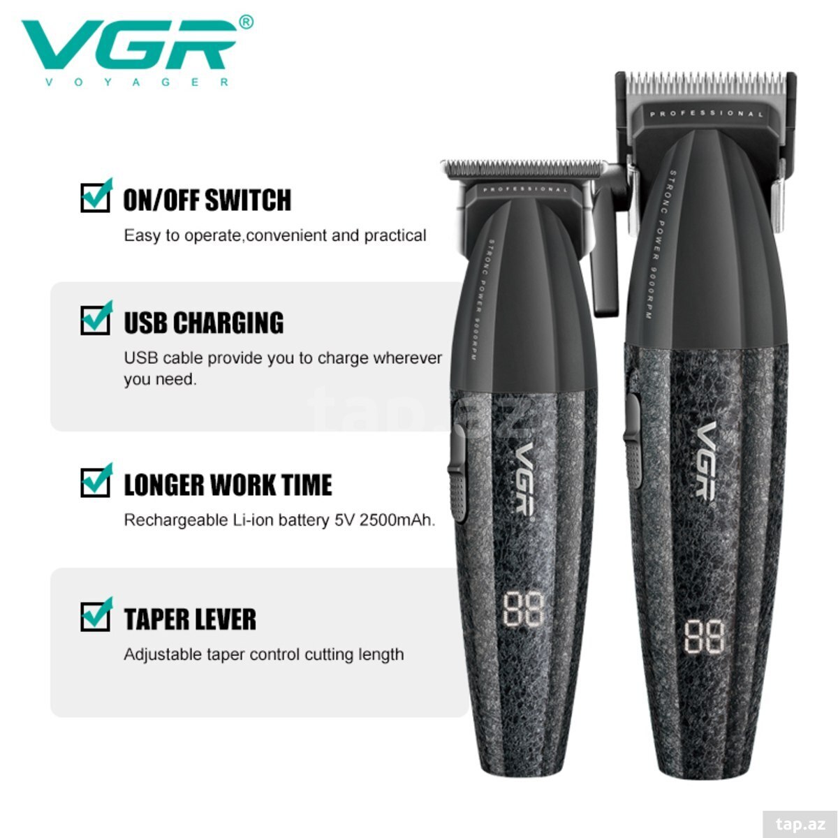 Professional təraş aparatı dəsti VGR 640 2500MAH 9000RPM Ceramic Blades Cord/Cordless (17)