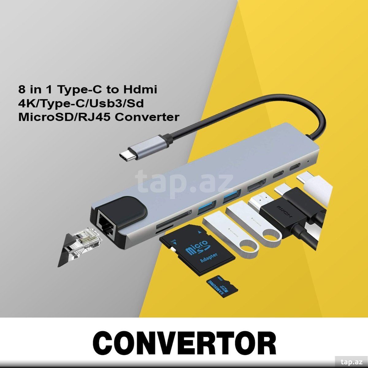Konverter 8 in 1 Type-C to Hdmi 4K/Type-C/Usb3/Sd-MicroSD/RJ45