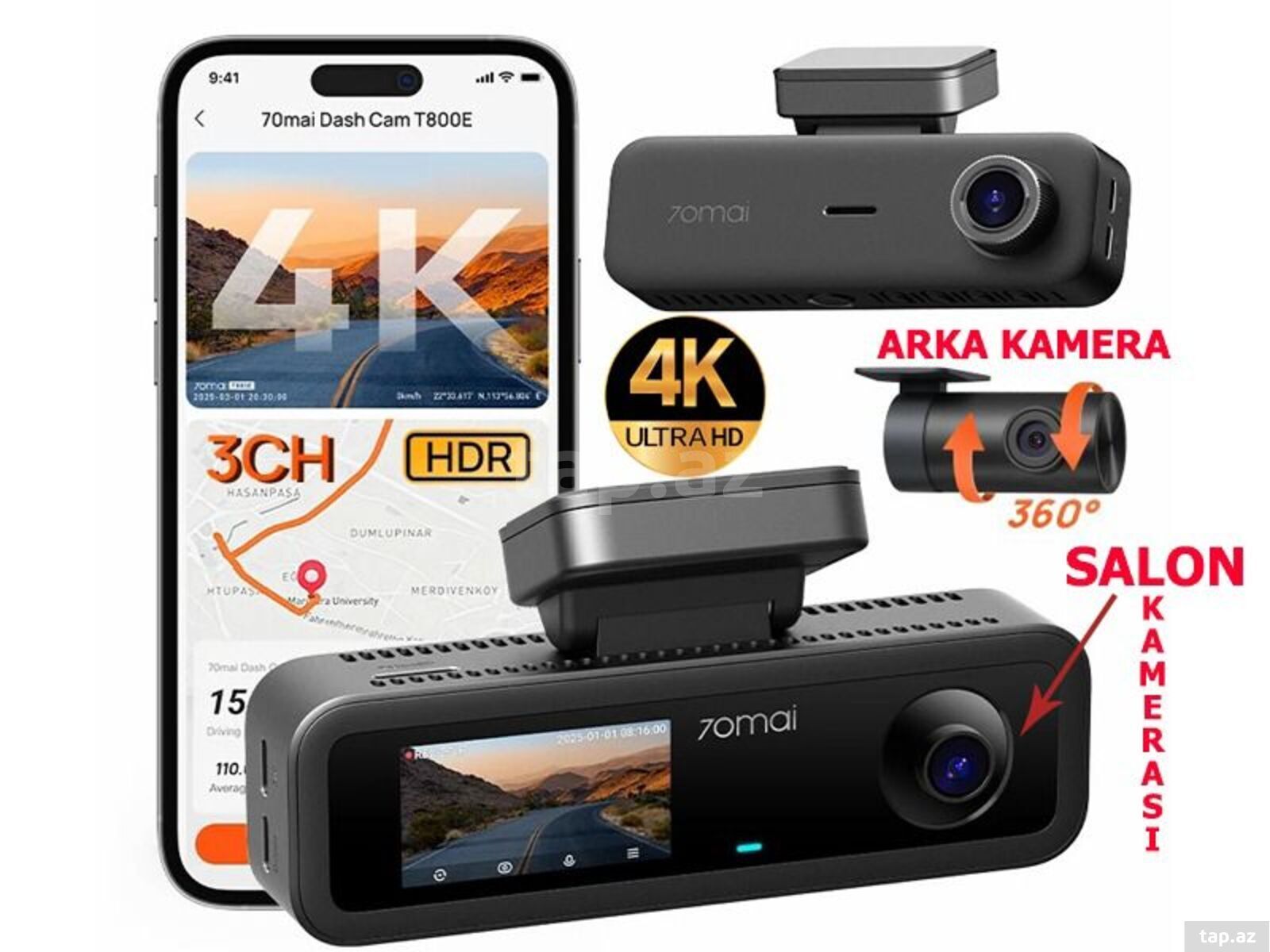 Videoqeydiyyatçı Xiaomi 70mai T800E 3 kamera 4K