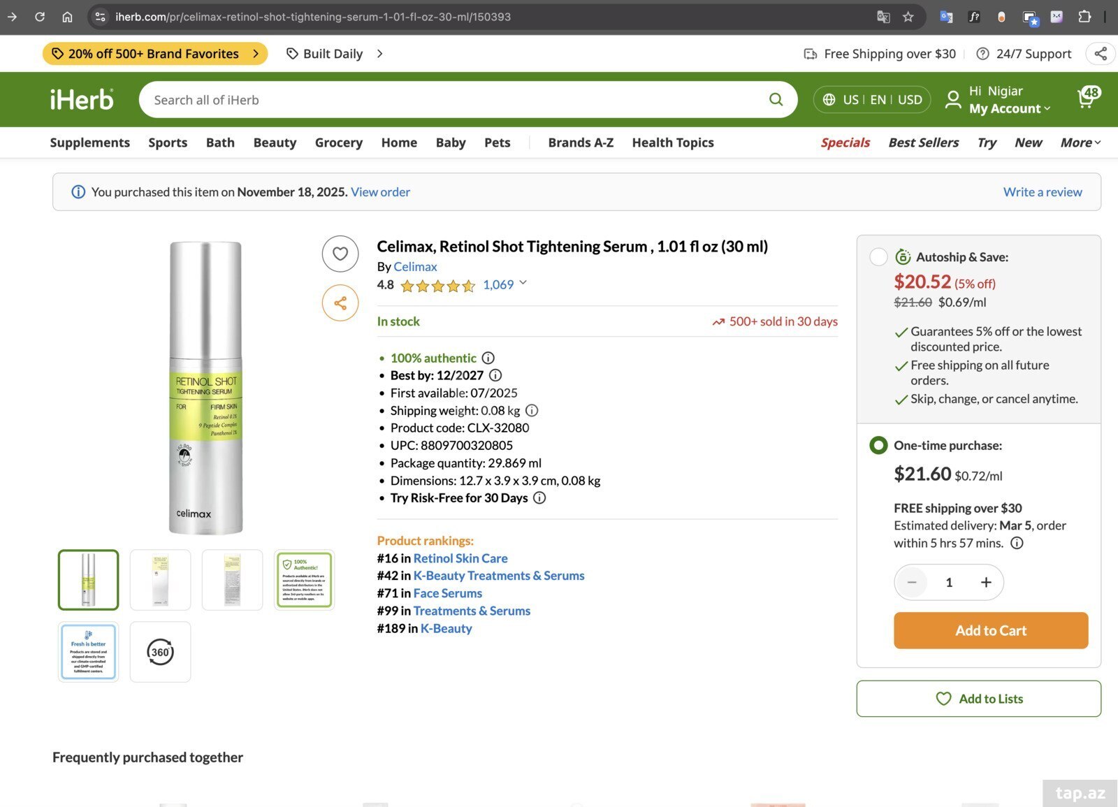 Celimax, Retinol Shot Tightening Serum, 1.01 fl oz (30 ml) (4)