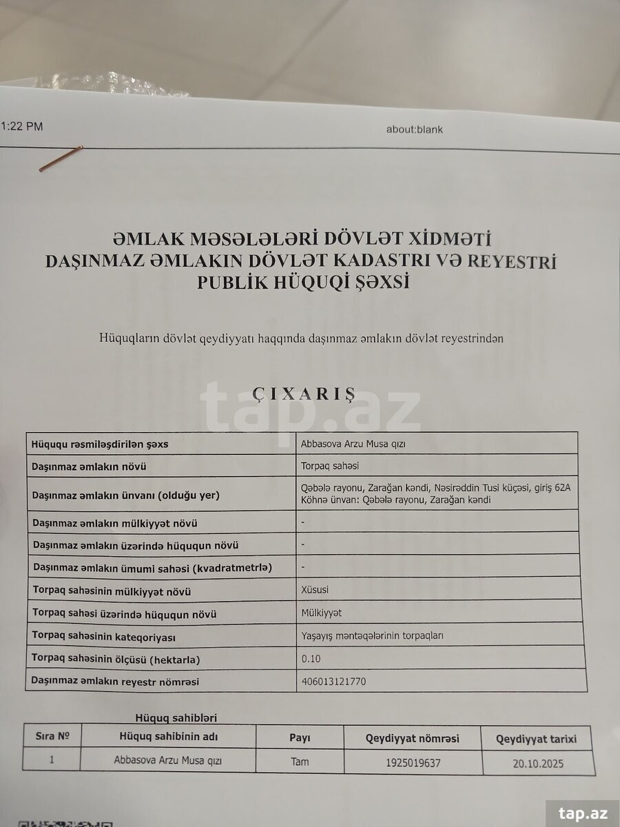 10 sot torpaq sahəsi, Qəbələ ş.