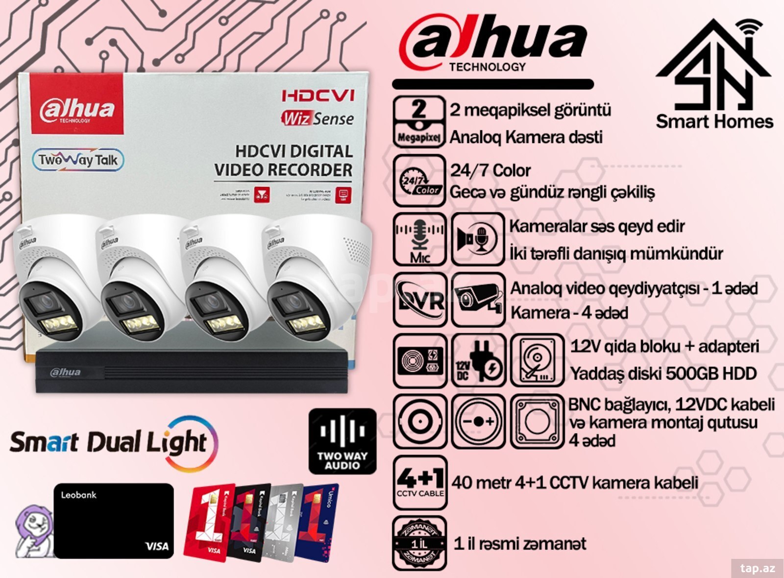 Dahua iki tərəfli danışıq analoq dördlük kamera dəsti  (2)