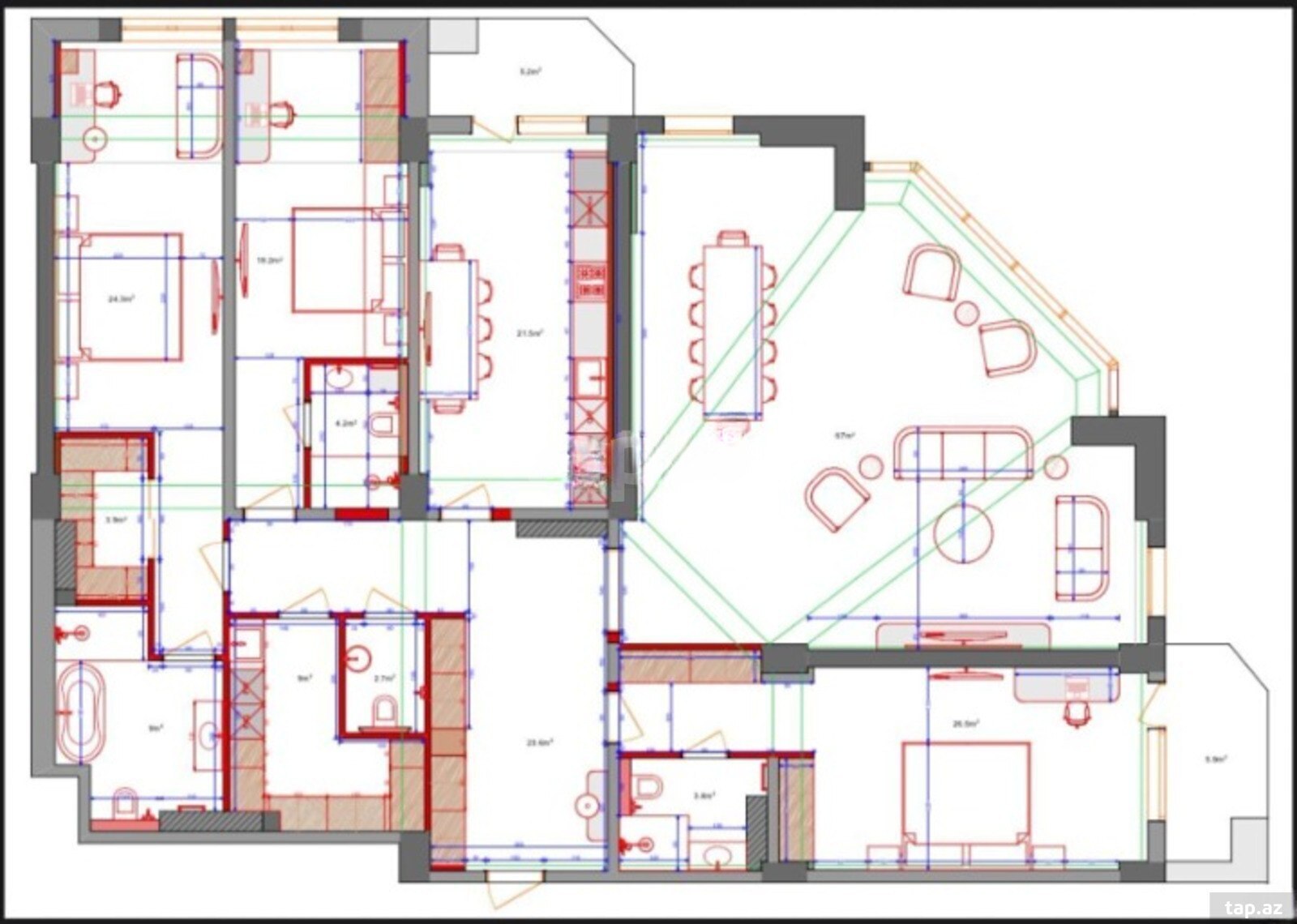 4-otaqlı yeni tikili, Mərdanov Qardaşları küç., 230 m² (4)
