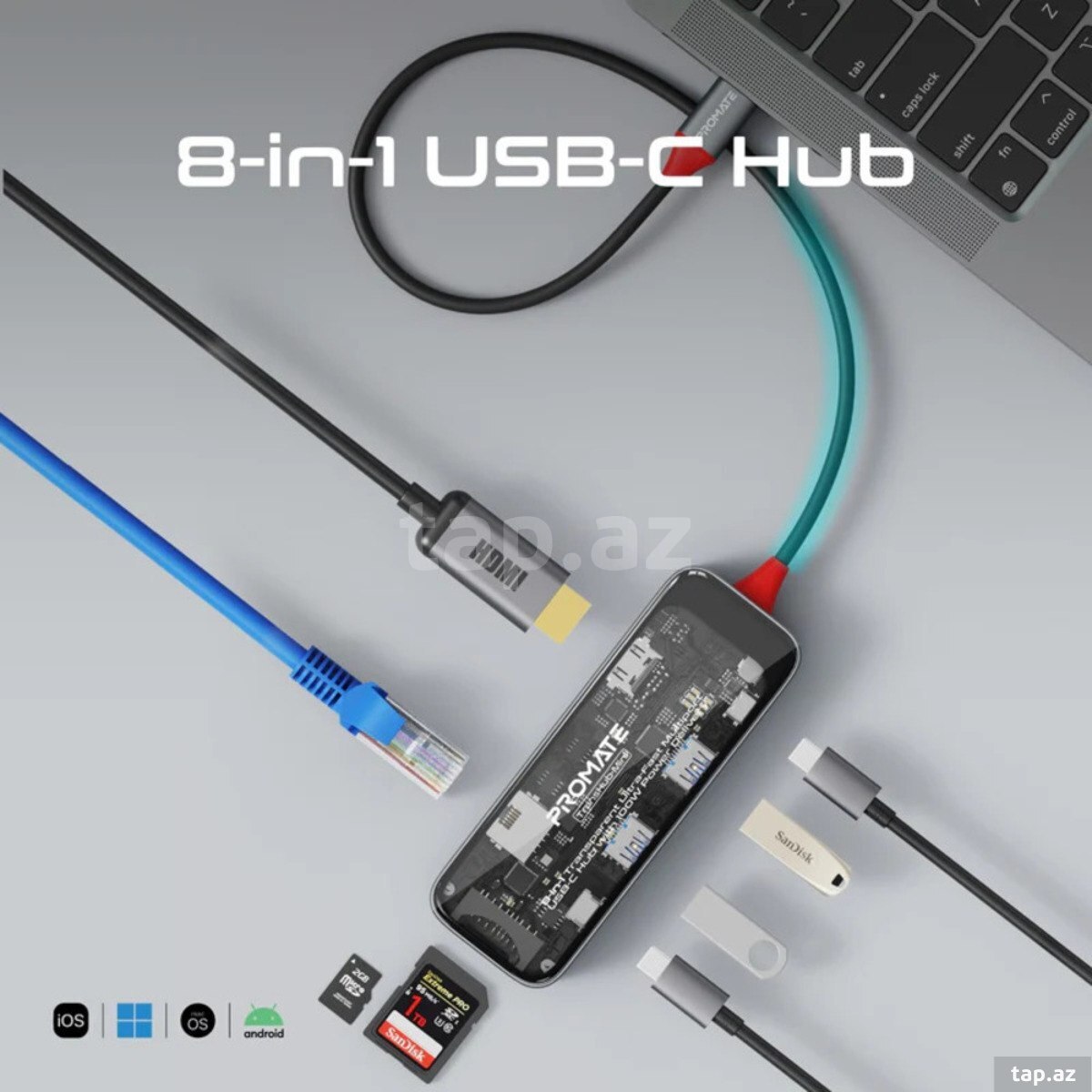 (Çevirici) Promate 8-in-1 Transparent Ultra-Fast Multiport USB-C Hub TransHub-Mini — 1