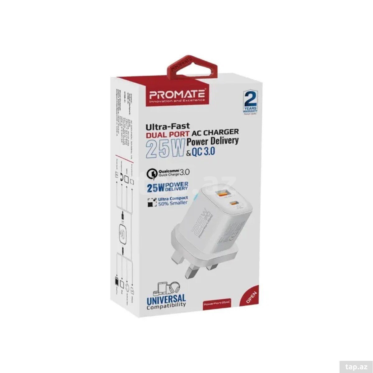Promate PowerPort-25AC 25W USB-C USB-A White adapteri