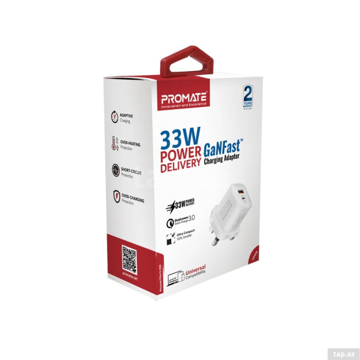 Promate PowerPort-33 33W GaN USB-C USB-A Adapter White