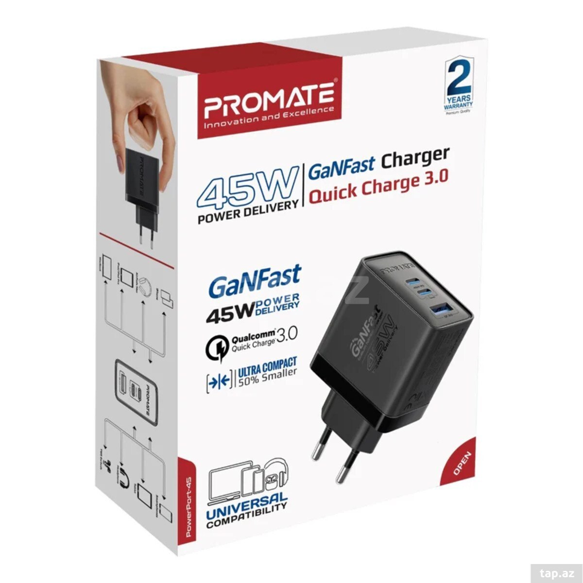 Promate PowerPort-45 45W GaN USB-C USB-A Adapter Black