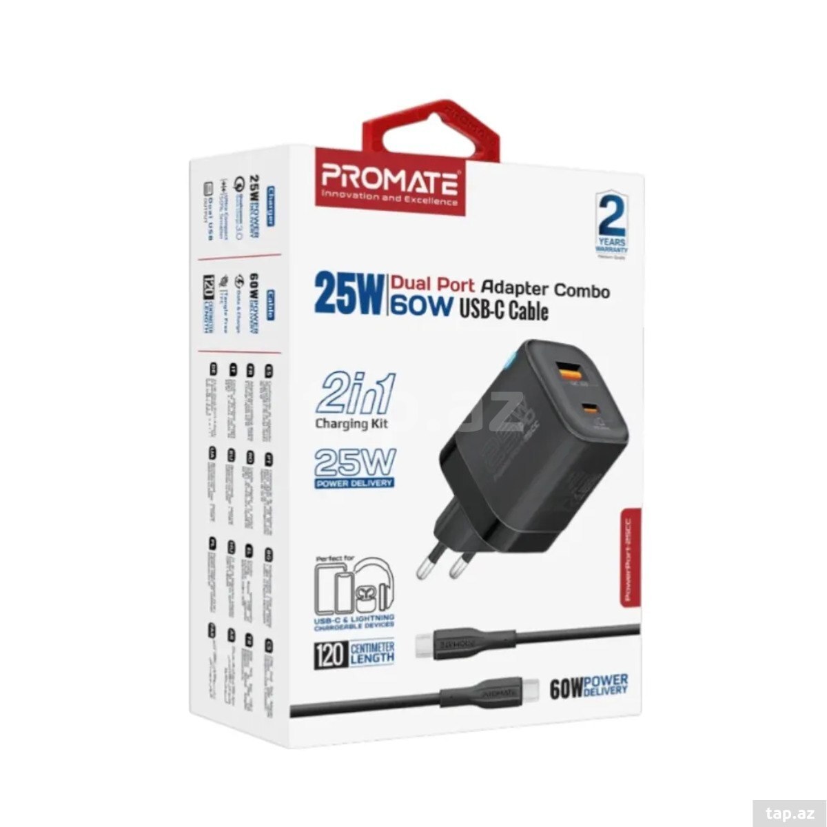 Promate PowerPort-25CC 25W Adapter + 60W USB-C Cable Black