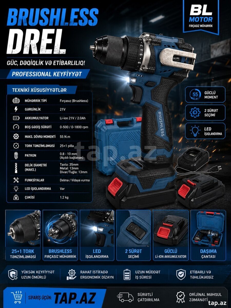 Akkumulyatorlu drel Brushless 
