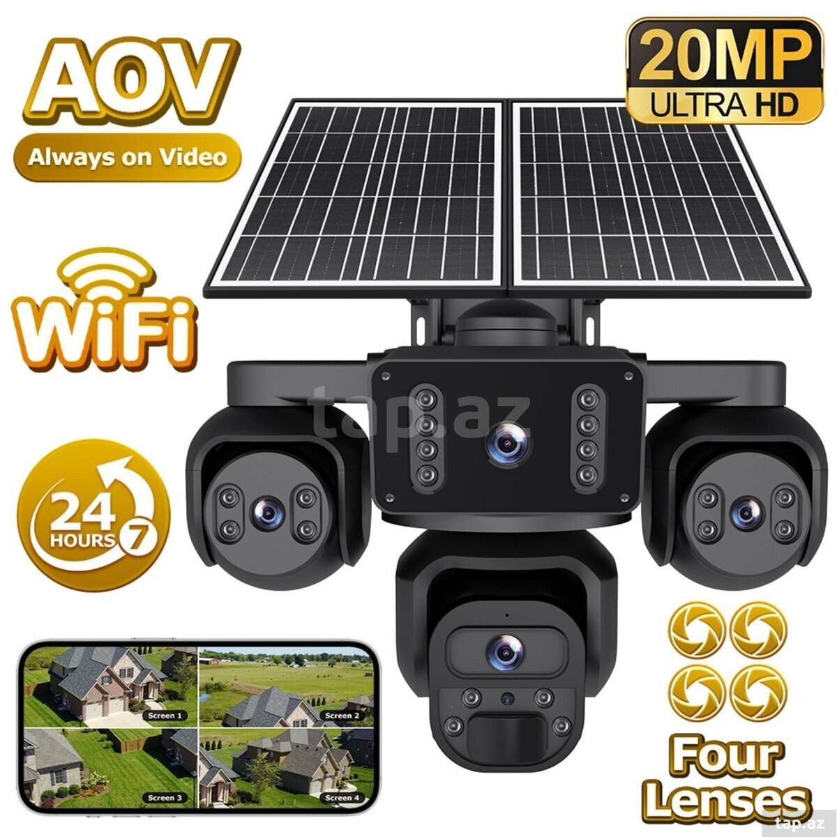 4G solar günəş panelli 4 kamera 12MP/4K 64GB