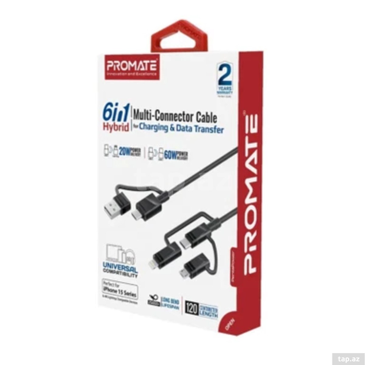 Promate PentaPower 6-in-1 Hybrid Multi-Connector Charging & Transfer Cable 1.2M