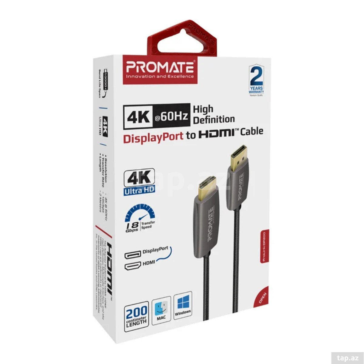 Promate ProLink-DP200 DisplayPort to HDMI 4K@60Hz Cable 2M