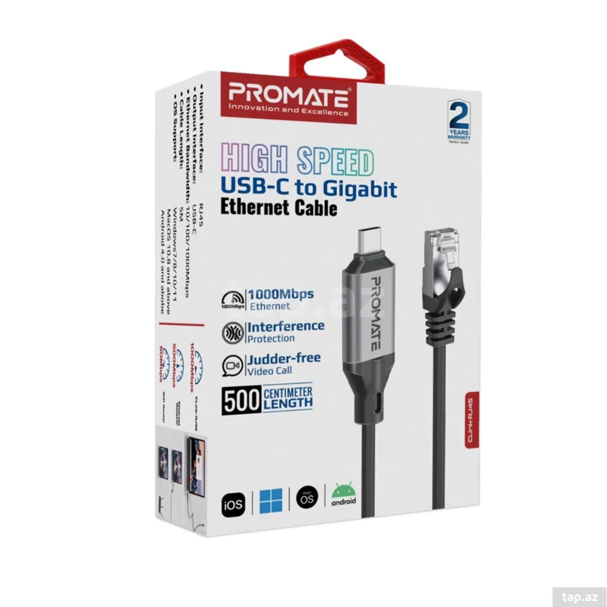 Promate CLink-RJ45 High-Speed USB-C to RJ45 Gigabit Ethernet Cable 5M
