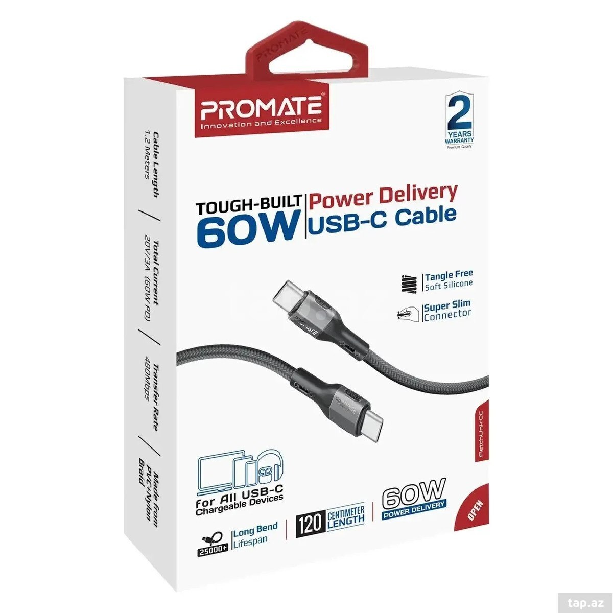 Promate FletchLink-CC 60W Black USB-C Cable