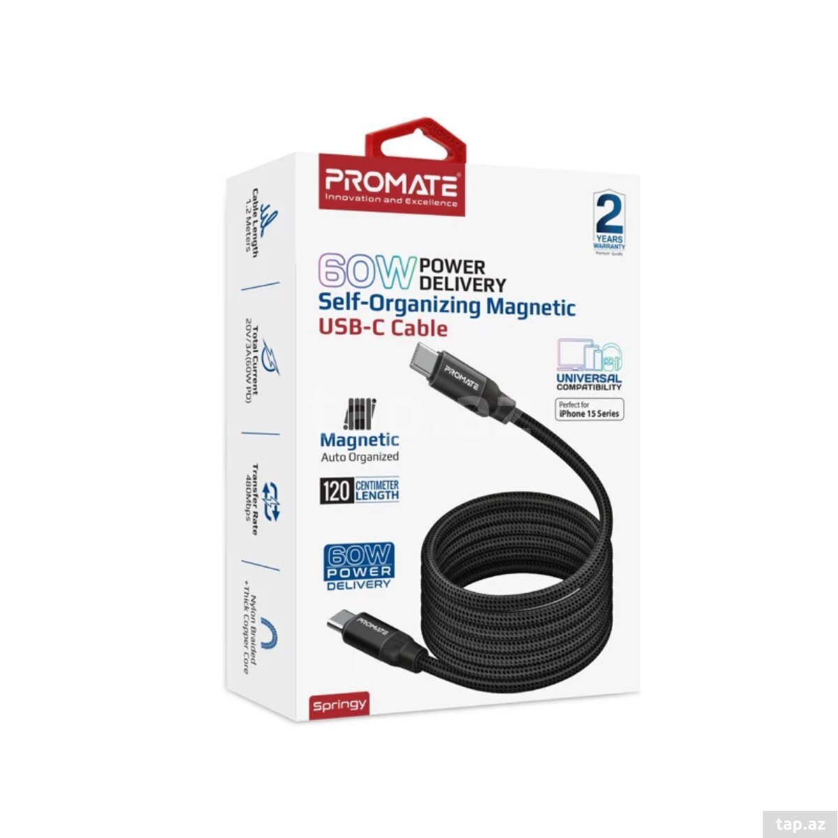 Promate Springy 60W Black USB-C Cable