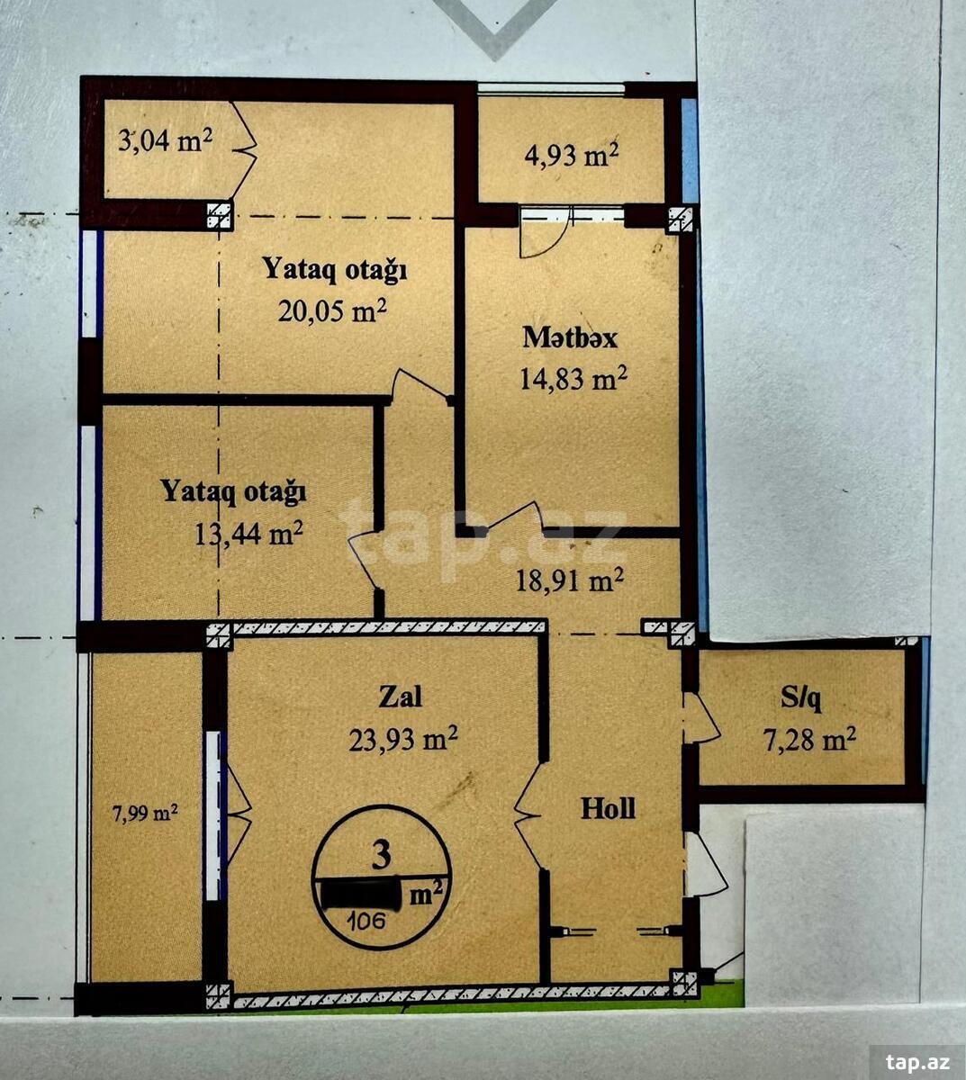 3-otaqlı yeni tikili, Qara Qarayev m., 105 m² (15)