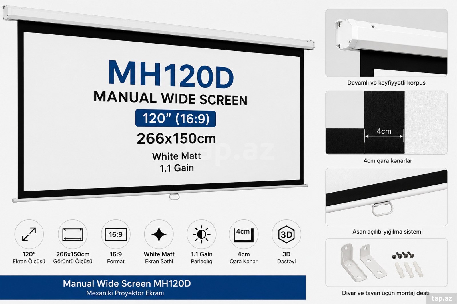 Manual Wide Screen MH120D mexaniki proyektor ekranı 266x150 sm — 1