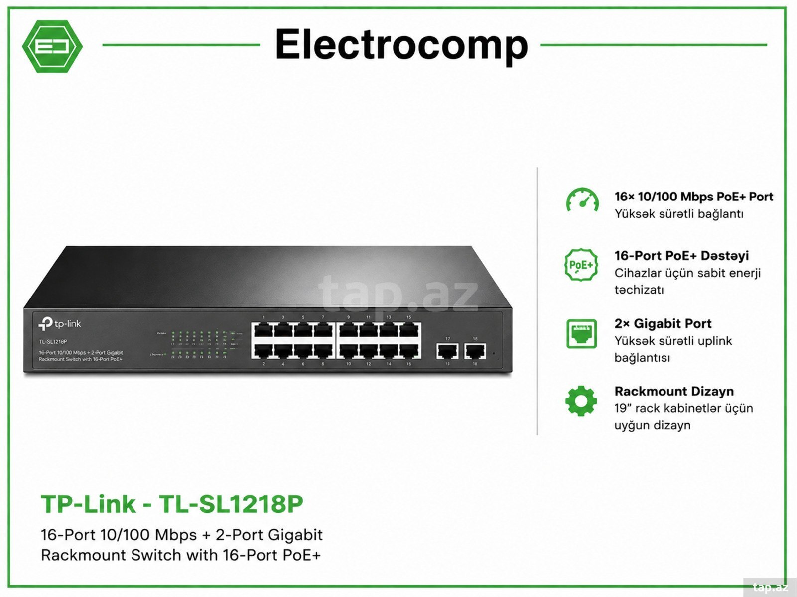 TP-Link TL-SL1218P – 16-Port 10/100 Mbps + 2-Port Gigabit Rackmount Switch with 16-Port PoE+
