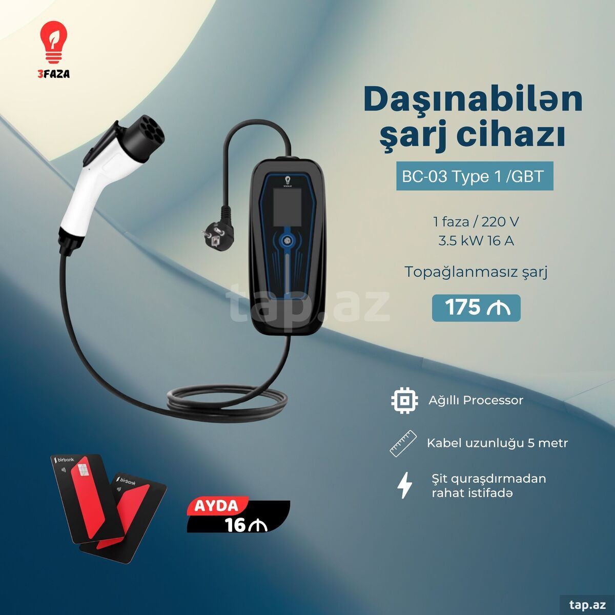 Elektromobil şarj cihazı 3.5 kW 16 A