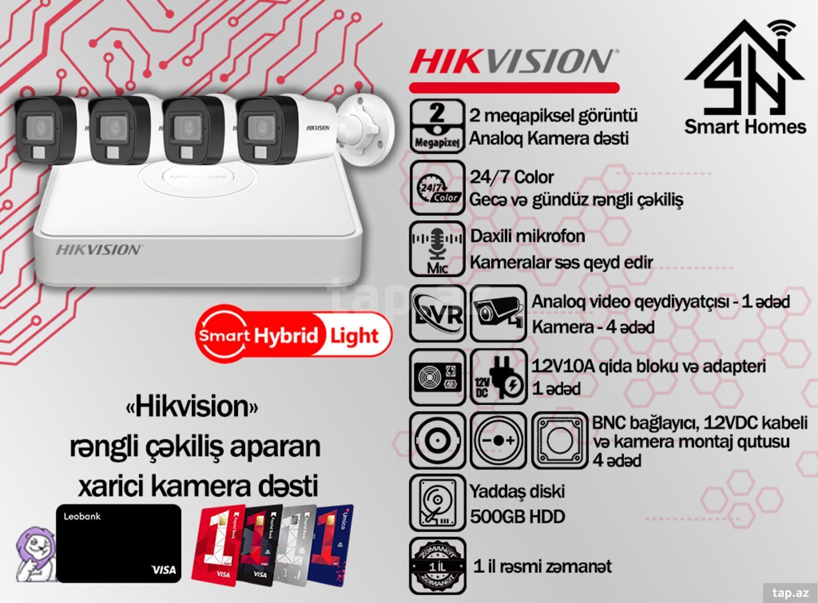"Hikvision" gecə rəngli çəkiliş aparan dördlü kamera dəsti 