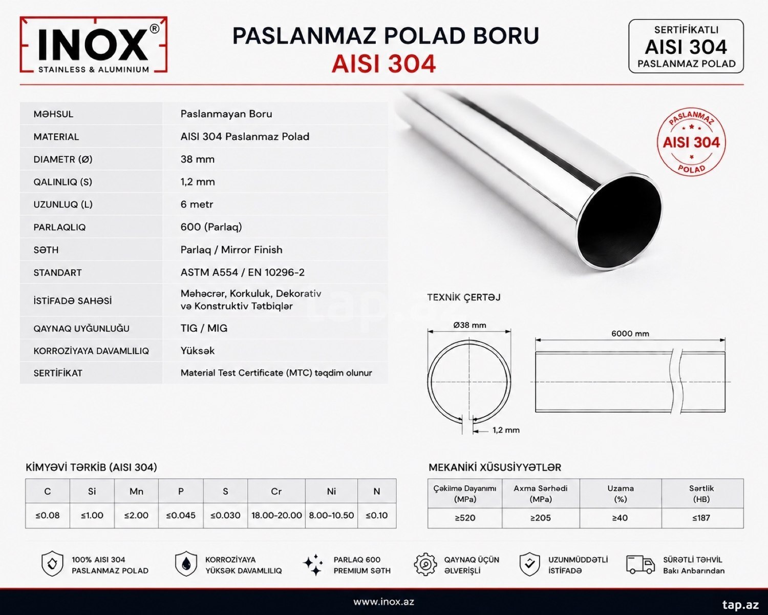 Nerj boru Diametr 38 mm/qalinliq 1.2 mm