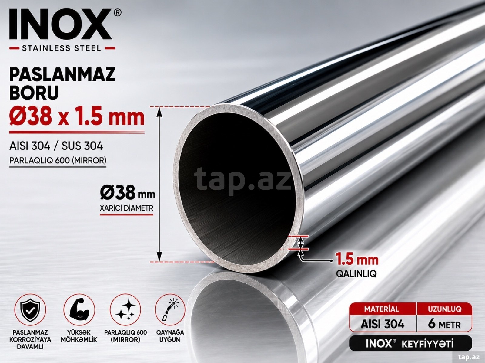 Paslanmaz polad boru Ø38 × 1.5 mm 