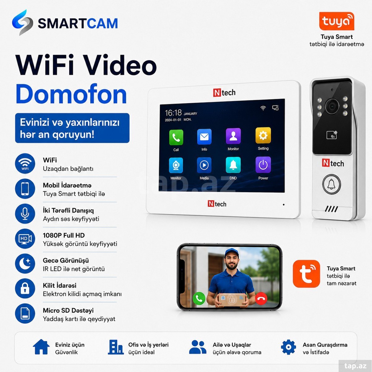 Ntech WiFi Video domofon | Tuya Smart dəstəyi