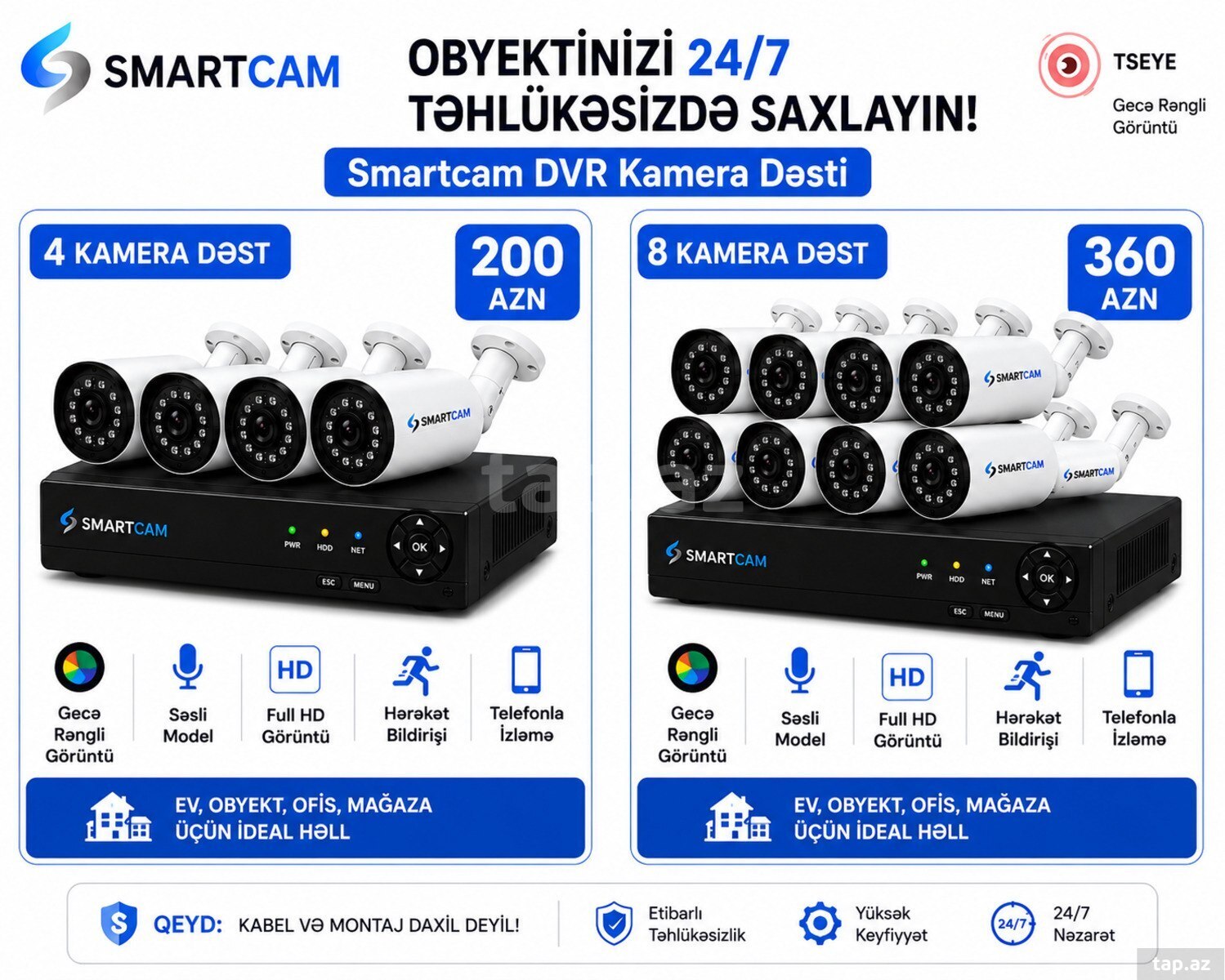 Smartcam DVR Kamera Dəsti – 4 və 8 Kameralı Komplektlər