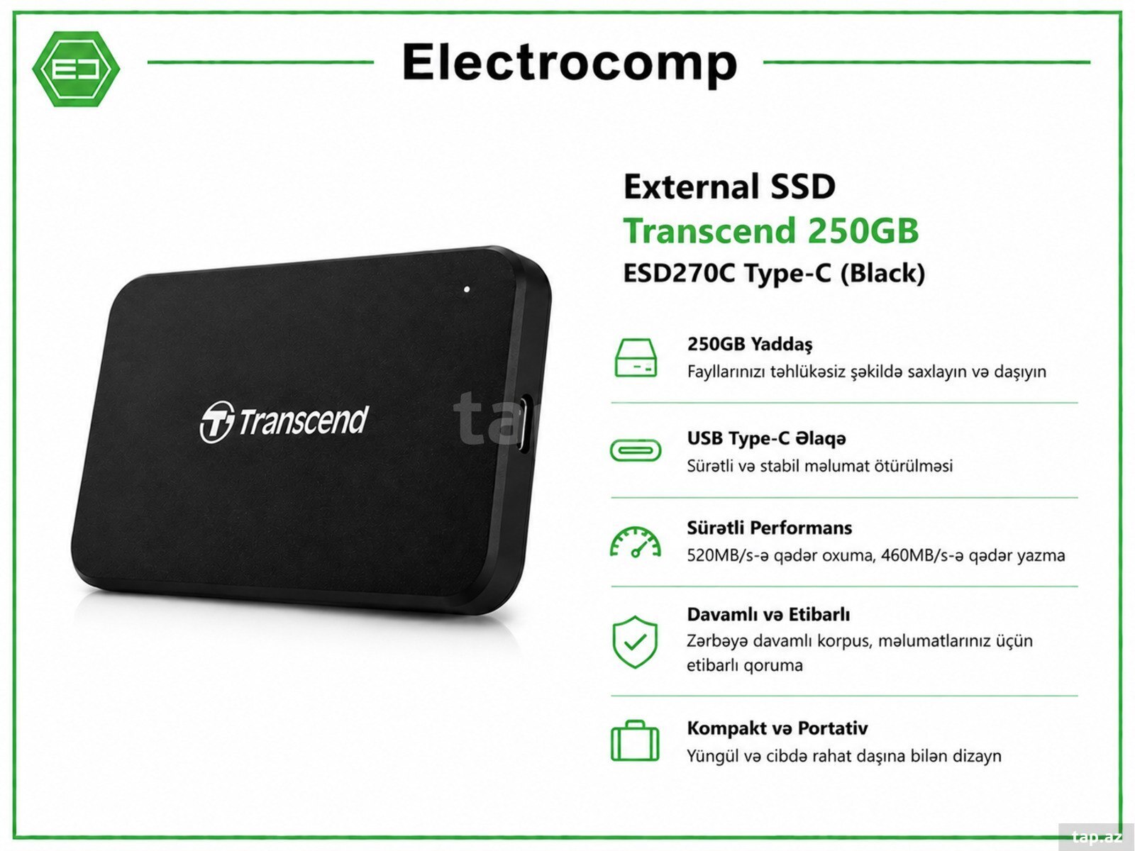 External SSD Transcend 250GB ESD270C Type-C (Black)