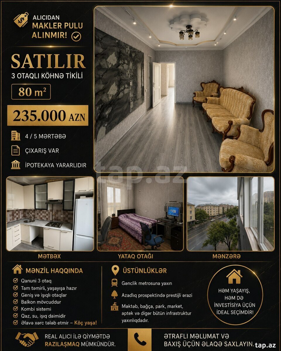 3-otaqlı mənzil, Gənclik m., 80 m²